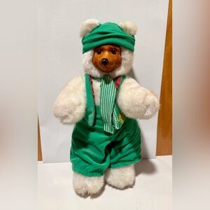 Raikes Bear Green Jingle Bell Elf Plush Stuffed Animal Wooden Face Paw Pads